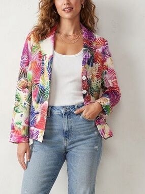 Chico's Tropical Abstract Floral Blazer Jacket Size1 Dopamine Dressing Resort🩷